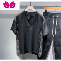 七斓夏季新款复古拼接亚麻短袖衬衫男时尚休闲百搭立领棉麻半袖上衣潮