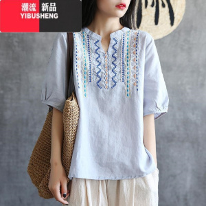 YIBUSHENG麻复古民族风刺绣短袖上衣女宽松v领女士t恤竹节棉泡泡袖好看