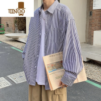 YANXU条纹衬衫男秋季新款日系复古百搭长袖衬衣感简约宽松休闲外套