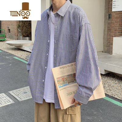 YANXU条纹衬衫男秋季新款日系复古百搭长袖衬衣感简约宽松休闲外套