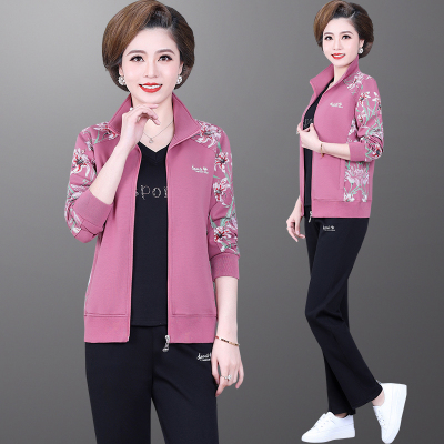 品牌中年女春秋装外套2020新款女装妈妈装印花上衣洋气中老年运动套装女春秋母亲休闲运动服女春秋时尚潮流印花跑步卫衣三件套