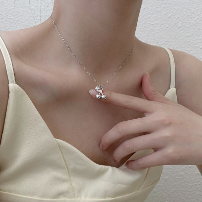 s999足银银爱心樱桃吊坠项链女小众设计感简约潮流锆石镶钻锁骨链送女朋友老婆情人节七夕生日礼物