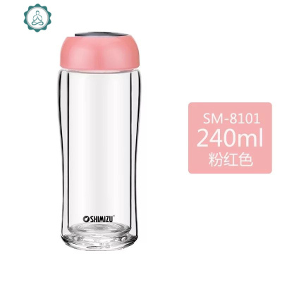 透明创意水杯耐热双层大肚隔热玻璃杯带盖盖办公杯便携茶杯封后240ML粉红色