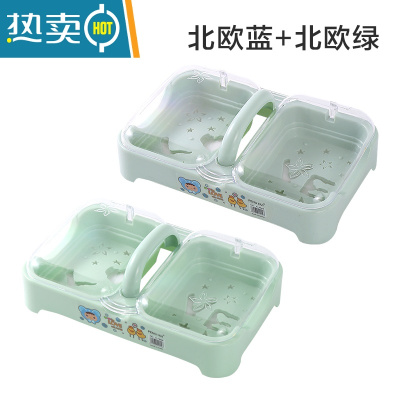 敬平翻盖肥皂盒双格香皂盒家用带盖盒子双层大号沥水洗衣皂盒两个一体 蓝+绿[两个装]