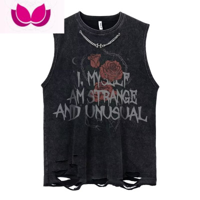 七斓夏季欧美复古风做旧水洗坎肩破洞汗背心男女ins潮牌嘻哈无袖T恤衫