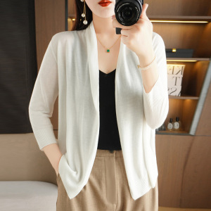 夏季女士空调针织衫薄款冰丝亚麻开衫长袖女开衫披肩大码外搭坎肩