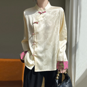 24新中式国风盘扣衬衫女旗袍上衣仿真丝提花粉袖撞色外套女