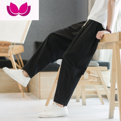 七斓亚麻九分裤男2022新款中国风男士棉麻束脚裤宽松直筒休闲裤子