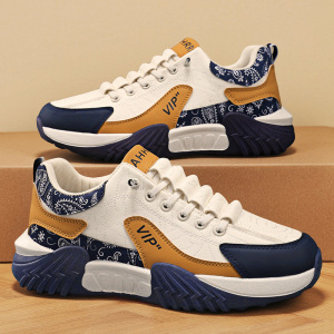 男士秋季皮革新款拼接系带浅口透气跑步男鞋日常透气时尚休闲单鞋