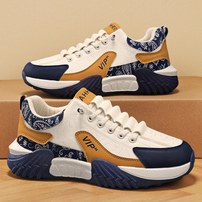 男士秋季皮革新款拼接系带浅口透气跑步男鞋日常透气时尚休闲单鞋