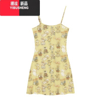 YIBUSHENG猫咪印花性感吊带连衣裙女季修身弹力包臀裙黄色甜辣收腰短裙子