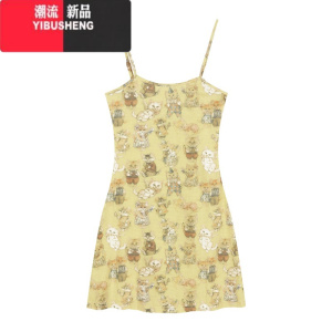 YIBUSHENG猫咪印花性感吊带连衣裙女季修身弹力包臀裙黄色甜辣收腰短裙子