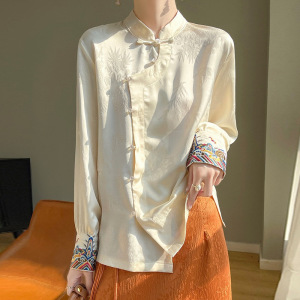 新中式白色衬衫女春夏新款国风提花衬衣立领缎面百搭上衣高级感
