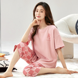 睡衣女夏季棉质短袖七分裤可爱卡通韩版可外穿休闲宽松家居服套装