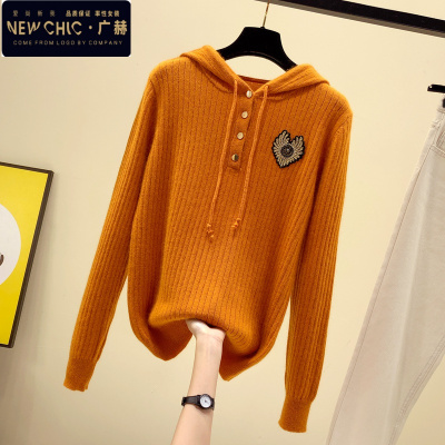 广赫秋冬新款纽扣连帽套头针织衫韩版刺绣毛衣女宽松学生长袖休闲卫衣卫衣