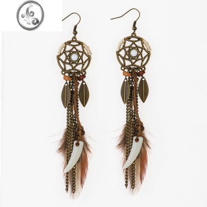 JiMi波西米亚时尚民族风搭配耳饰女长款羽毛树叶耳坠欧美夸张耳环饰品 茶色内多边圆环