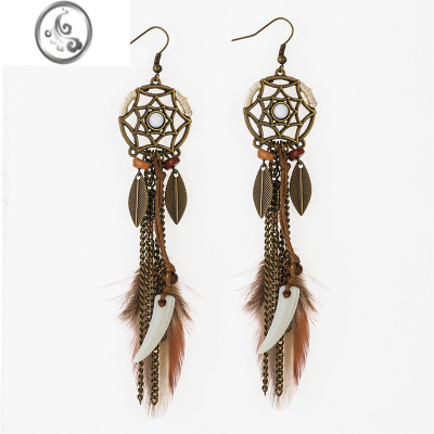 JiMi波西米亚时尚民族风搭配耳饰女长款羽毛树叶耳坠欧美夸张耳环饰品