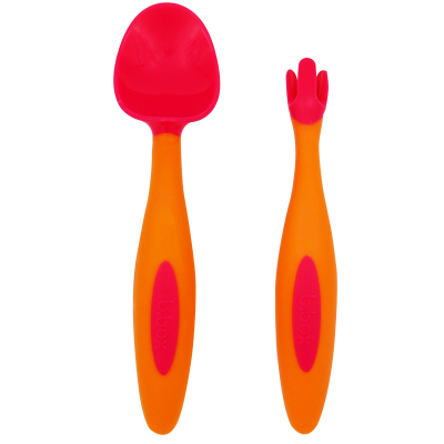 澳洲进口（BBox）孕婴童餐具宝宝训练叉勺学吃饭勺子婴儿弯头辅食叉勺套装便携盒橙红色