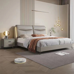 意式真皮床轻奢现代简约双人床主卧室带灯实木储物床家用软包婚床