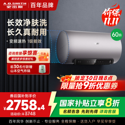 AO史密斯电热水器60升 国家补贴 80吨长效净水洗 免清洗 3kW变频速热 金圭特护 E60ED6