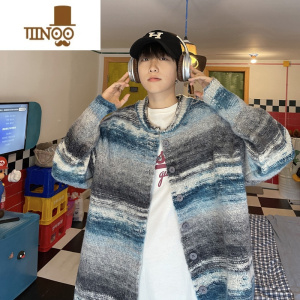 YANXU开衫毛衣男士感痞帅条纹撞色针织衫美式复古百搭宽松线衣外套