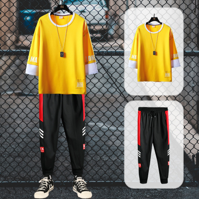狮臣SHICHEN男士套装卫衣九分裤2020年秋季新款时尚百搭潮流青少年卫衣套装男运动卫衣套装男装TZ9010黄色L