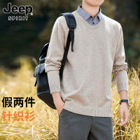 吉普官方假两件针织衫毛衣男士秋冬季长袖保暖衬衫V领上衣服男款
