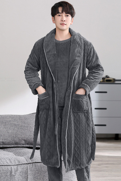 睡袍男冬季法兰绒三件套睡衣浴袍春秋冬款加绒加厚长袍晨袍可外穿