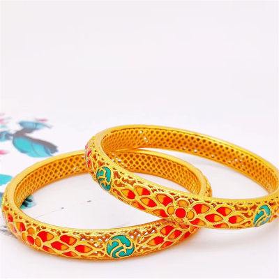 新款越南沙金手镯女烧蓝镂空莲花闭口镀金镯子复古风结婚婚庆首饰送女朋友老婆情人节七夕生日礼物