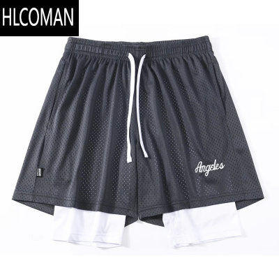HLCOMAN美式运动健身三分假两条短裤男大网眼不过膝高弹力速干训练篮球裤