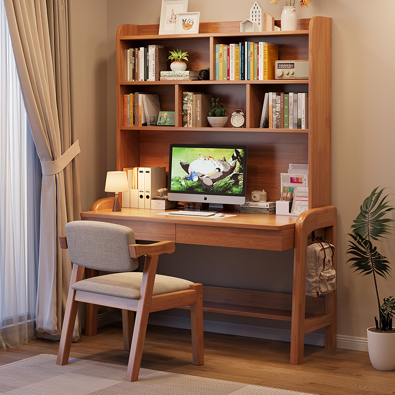实木书桌书架一体儿童学习桌组合简约家用电脑桌初高中学生书桌