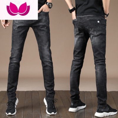 七斓弹力牛仔裤男士修身小脚男裤秋季加绒潮流黑色直筒长裤子男款