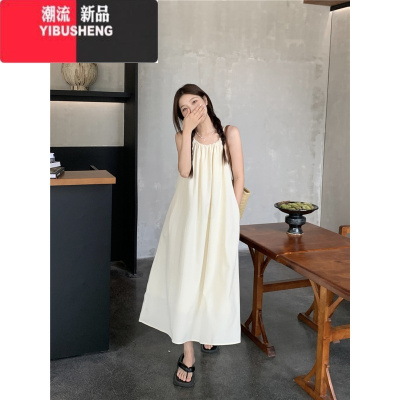 YIBUSHENG海边度假挂脖连衣裙女装2024年季新款宽松慵懒小个子a字中长裙