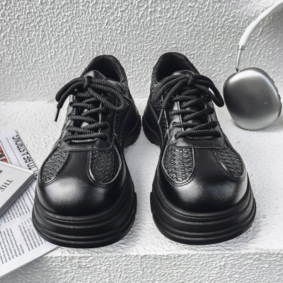 情侣秋季黑色皮革拼接圆头低帮正装工作休闲皮鞋厚底亮面休闲皮鞋