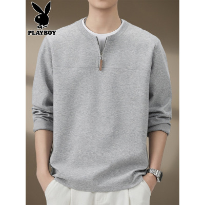 花花公子假两件长袖t恤男士卫衣2025年秋季休闲半拉炼衣服秋装男