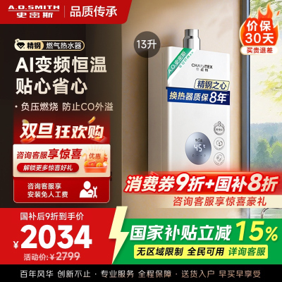 AO史密斯佳尼特13升燃气热水器佳尼特 不锈钢换热器8年包换 精控恒温 抗风防冻JSQ26-TC1