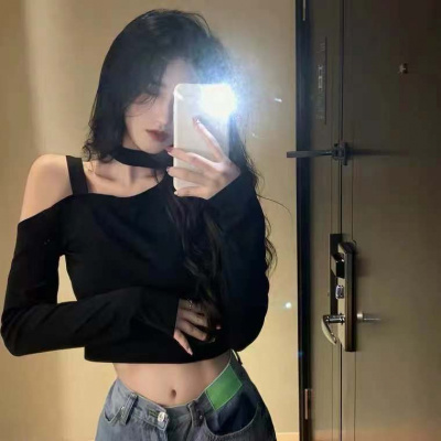 设计感黑色长袖打底衫女式性感露肩纯色上衣休闲T恤女装