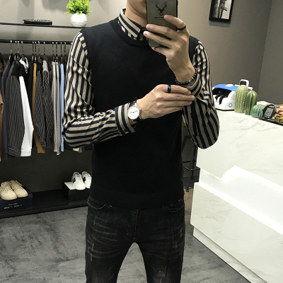 HLCOMAN假两件毛衣男2020秋冬季新款衬衫领韩版修身针织衫男士潮流毛线衣毛衣