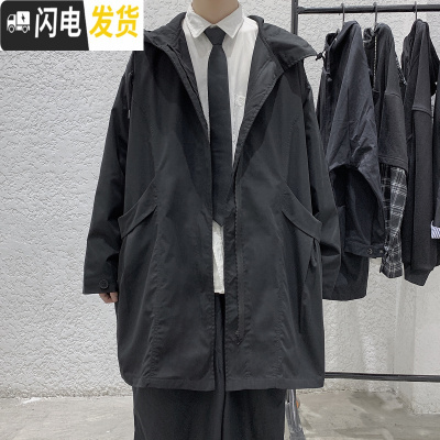 HLCOMAN中长款风衣夹克男秋季新款韩版潮流大码宽松上衣港风休闲连帽外套风衣