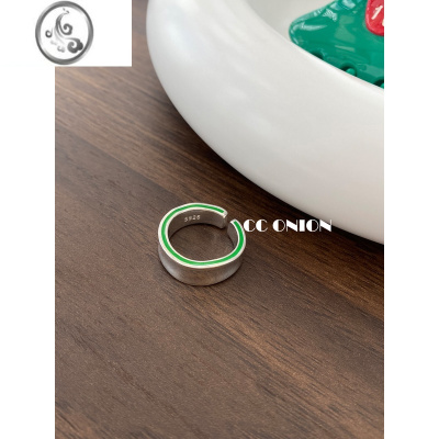 JiMiS925银银不规则侧面滴釉绿戒指女小众设计开口可调节个性简约指环