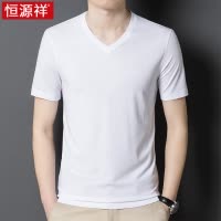 恒源祥桑蚕丝短袖t恤男鸡心v领夏季薄款冰丝恤男士打底体恤汗衫