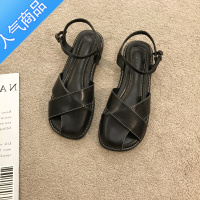 SUNTEK森系平底包头编织一字带凉鞋仙女鞋子2023新款夏季法式复古罗马鞋