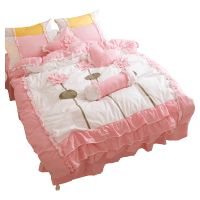 美帮汇韩式公主床裙四件套全棉 裙式欧式带花边床罩荷叶边女生甜美粉色
