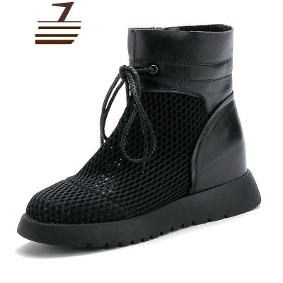 尗卡马丁靴女网纱坡跟靴子新款百搭皮靴厚底内增高凉靴短靴