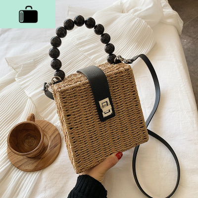 ins2020新款复古藤编包串珠手提盒型编织包海边度假沙滩休闲女包NEW LAKE女士单肩包