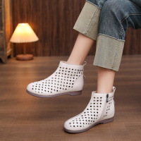 头层牛皮短靴女2026春季新款镂空休闲时尚侧拉链圆头平底洞洞鞋