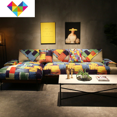 四季通用沙发垫北欧客厅布艺防滑巾全包坐垫现代简约沙发套罩水彩（新品）110*210cm御蓝锦