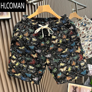 HLCOMAN沙滩裤男网红潮牌花色蝴蝶短裤青年运动中裤男宽松直筒休闲五分裤