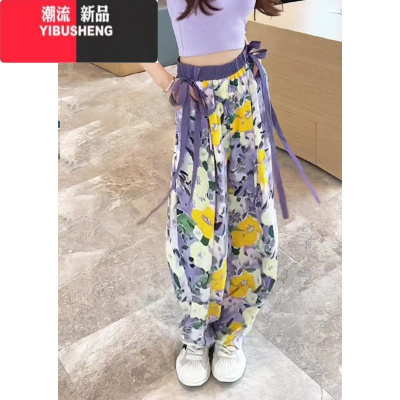YIBUSHENG新中式国风印花冰丝阔腿裤女2024季新款薄款飘带高腰显瘦休闲裤