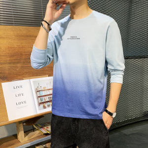 男士长袖T恤春秋季新款日系潮牌渐色打底衫休闲修身纯棉上衣